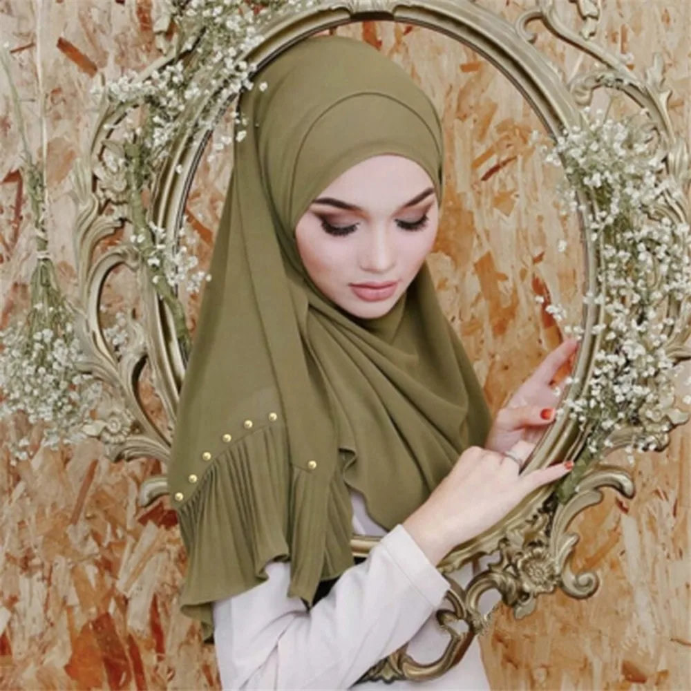 

2019 NEW trendy Women Shiny Pearls Beaded Scarf Crinkle Shawl Fashion Muslim hijabs Female Wrap Hijab Islamic Scarves Shawls