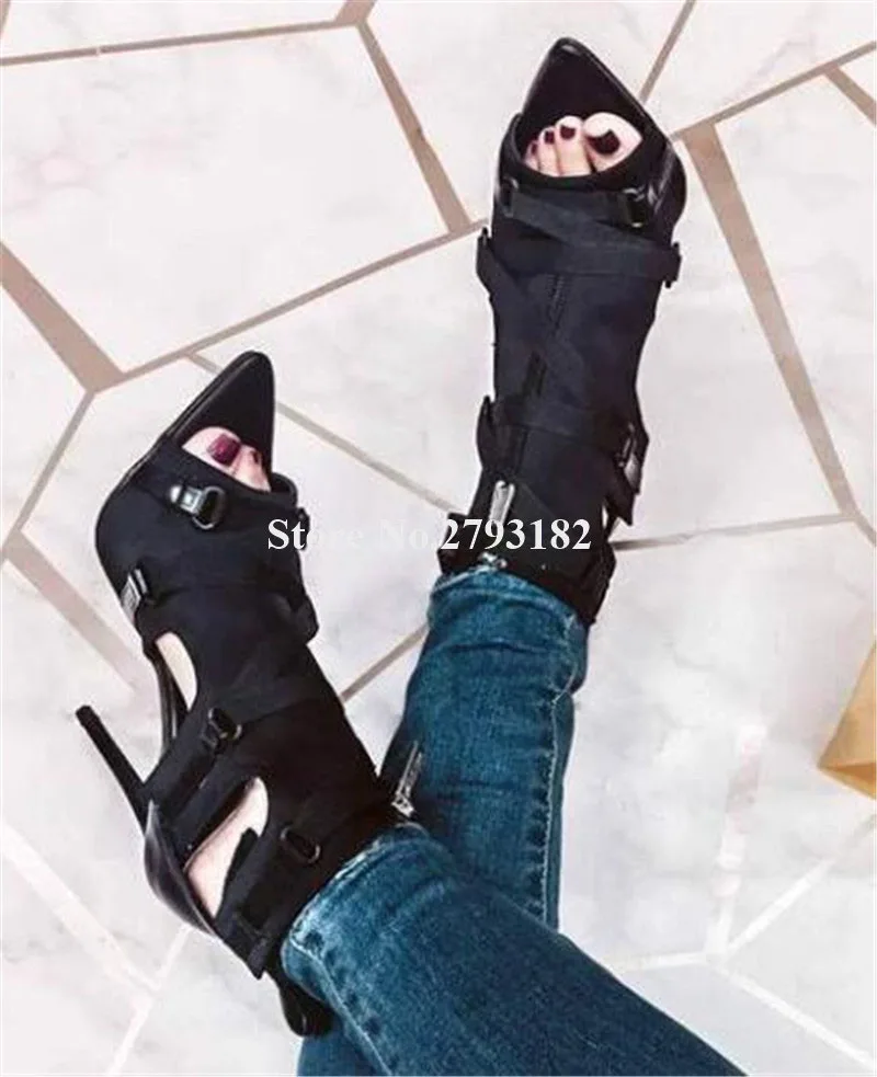 

New Brand Design Pointed Open Toe Suede Leather Stiletto Heel Short Gladiator Boots Cut-out Buckles High Heel Ankle Booties