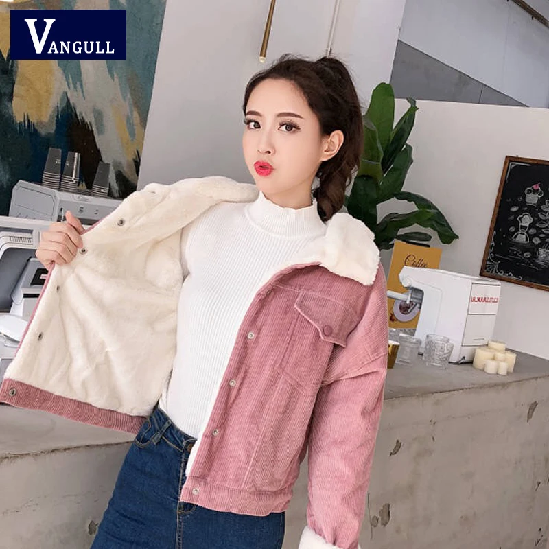 Vangull осенне-зимняя Вельветовая Базовая Женская куртка зимняя куртка женская куртка с длинными рукавами Повседневная однобортная джинсовая куртка