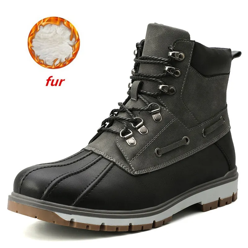 Black gray with fur Теплые зимние ботинки на меху; Мужская зимняя обувь; мужская кожаная обувь; ковбойская водонепроницаемая обувь; мужская повседневная обувь в байкерском стиле; обувь года - Цвет: Black gray with fur