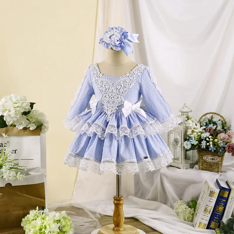 Cutestyles/осеннее голубое платье для девочек с головной убор вечерние кружевные