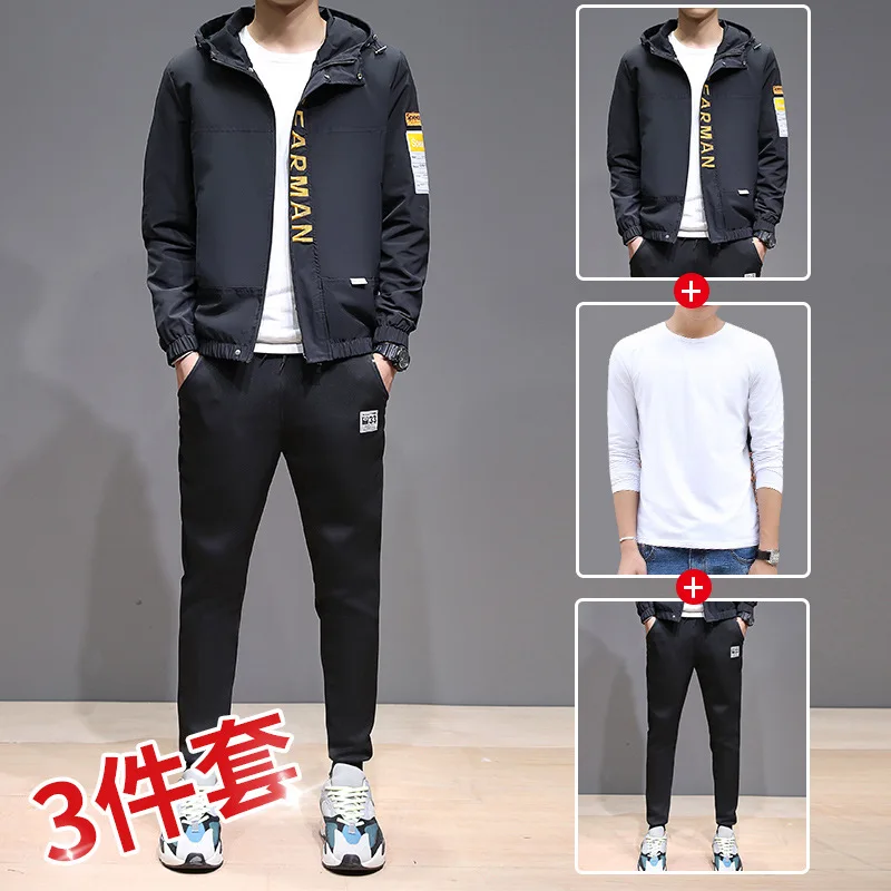 

Spring And Autumn Thin Men Hooded Embroidery Lettered Coat Trousers Three-piece Set Large Size Sports Set
