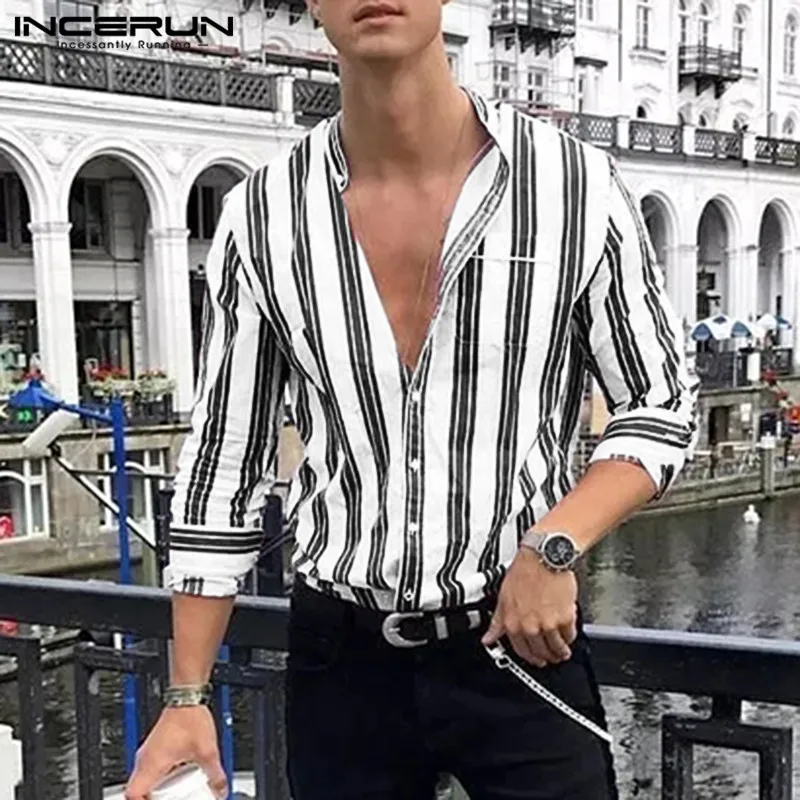 2019 модная мужская рубашка в полоску уличный стиль подставка с воротником Camisa дышащий с длинным рукавом Повседневные рубашки мужская