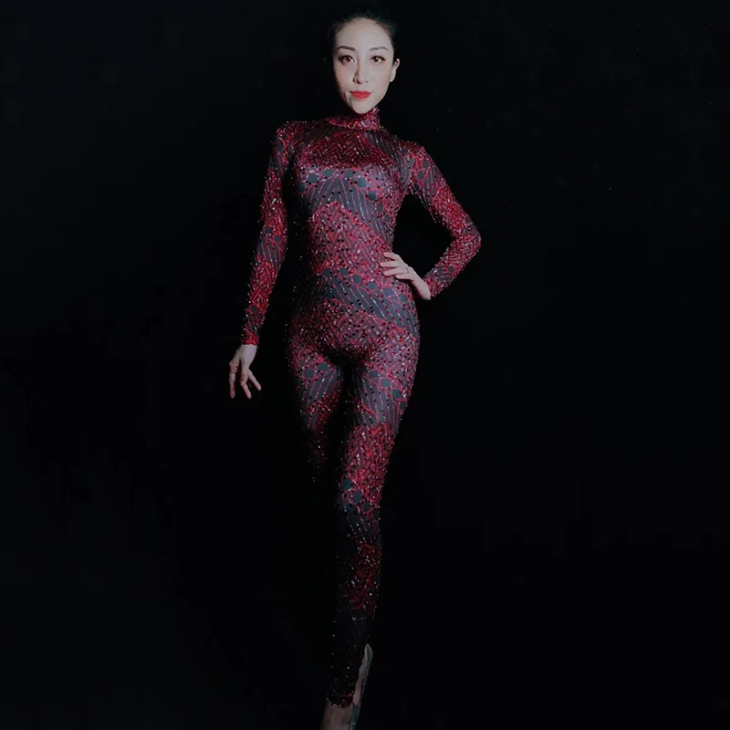 Женский комбинезон со стразами с длинными рукавами красные стразы Облегающий комбинезон день рождения вечернее представление для певицы для сцены одежда DT1175