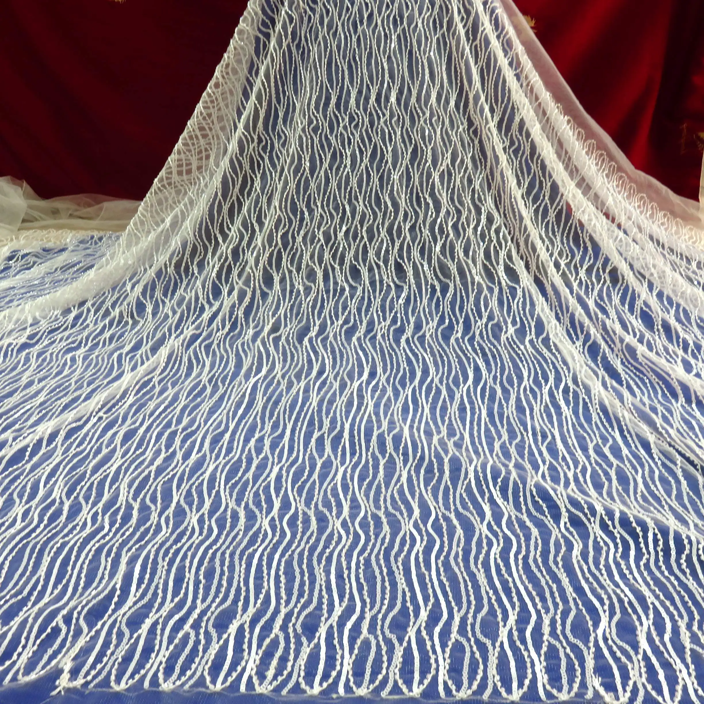 

1yard off white beads with sequins on mesh embroidery Lace Fabric wedding dress stage clothing