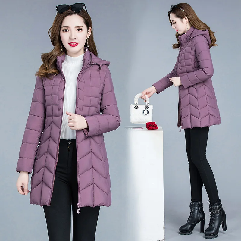 

2019 Winter New Style down Jacket Women's Large Size Dress Mid-length Solid Color Versatile Deconstructable Hat Cotton Overcoat