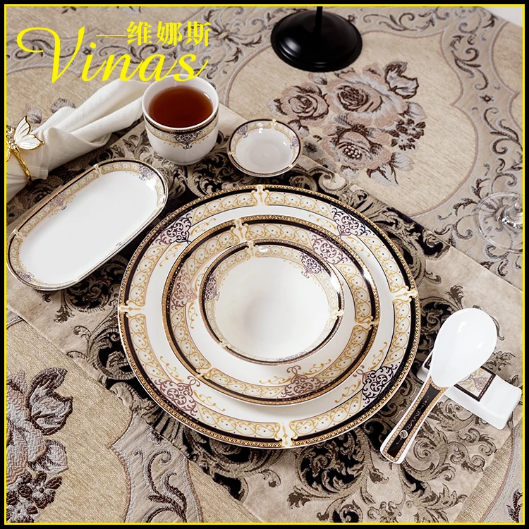 

European Style Ceramic Dinner Set Gold Inlay Porcelain Dessert Plate Steak Salad Snack Cake Plates Tableware Temperament