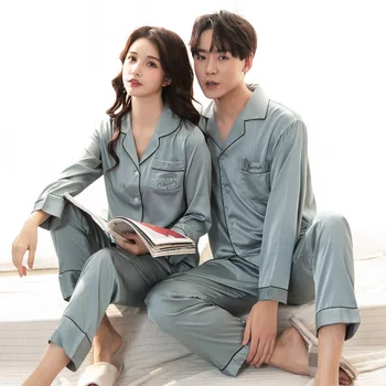 

Couple's Pajamas 2020 Summer Silk Women's Solid Color Korean-Style Men's Thin Long-Sleeved Homewear Set Women's Pajamas