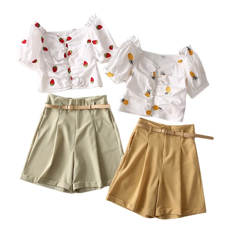 

One's Navel Short Shirt Solid Color Wide-Leg Shorts Two-Piece Women's Entity