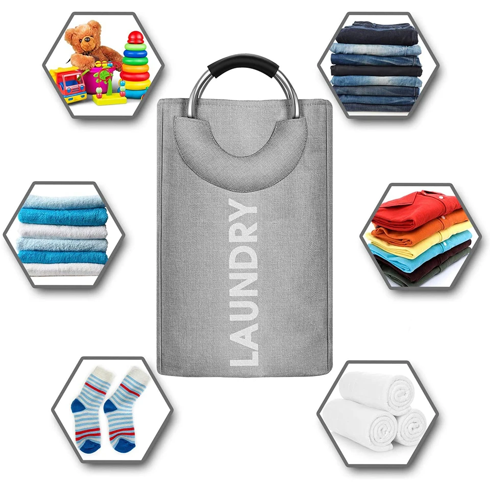 Collapsible Fabric Laundry Hamper with Ring Aluminum Handle for Easy Carry Portable Washing Bin Folding Clothes Bag 4