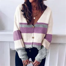 Aliexpress - V neck Knitted Cardigan Sweater Button Striped Stitching Sweater Cardigan Color Matching Sweaters 2021 Autumn Women New Sweaters
