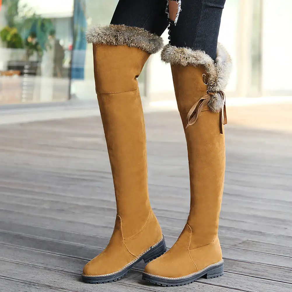 BONJOMARISA New 34-43 Elegant Fur Decorating Boots Ladies Thigh High Boots Women Med Heels Shoes Woman Over The Knee Boots