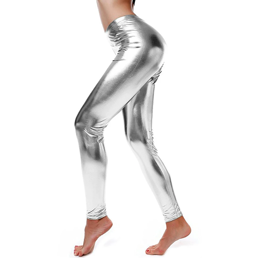 AOYLISEY Women Mid Elastic Thin Leggings Large Plus Size Imitation Faux Leather Pants Skinny Shiny Black Plus Legging Fitness