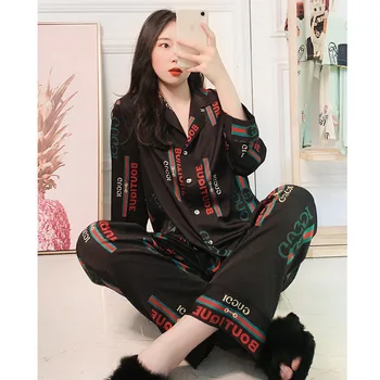 

2020 Ins Pajamas Female Summer Satin Long Sleeves Two-Piece Suit Full Length Cloth women pijama sets home clothes pijama mujer