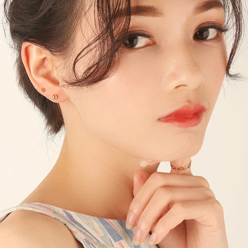 여성용 진짜 18K 골드 스터드 귀걸이, 순수 AU750 골드 볼 디자인, 심플한 패션, 파인 주얼리 선물