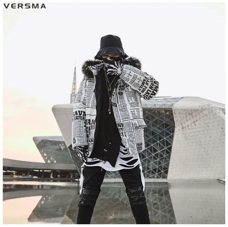 VERSMA корейский стиль одежда для мужчин газета печатных зимняя куртка пальто Мужская меховая парка хип-хоп русская Молодежная зимняя куртка s пальто