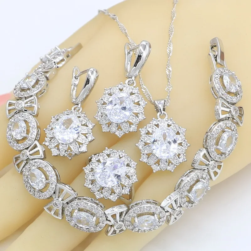 Свадебные Ювелирные наборы для женщин, белый циркон, 925 серебро, ожерелье, подвеска, серьги, кольцо, браслет, подарочная коробка