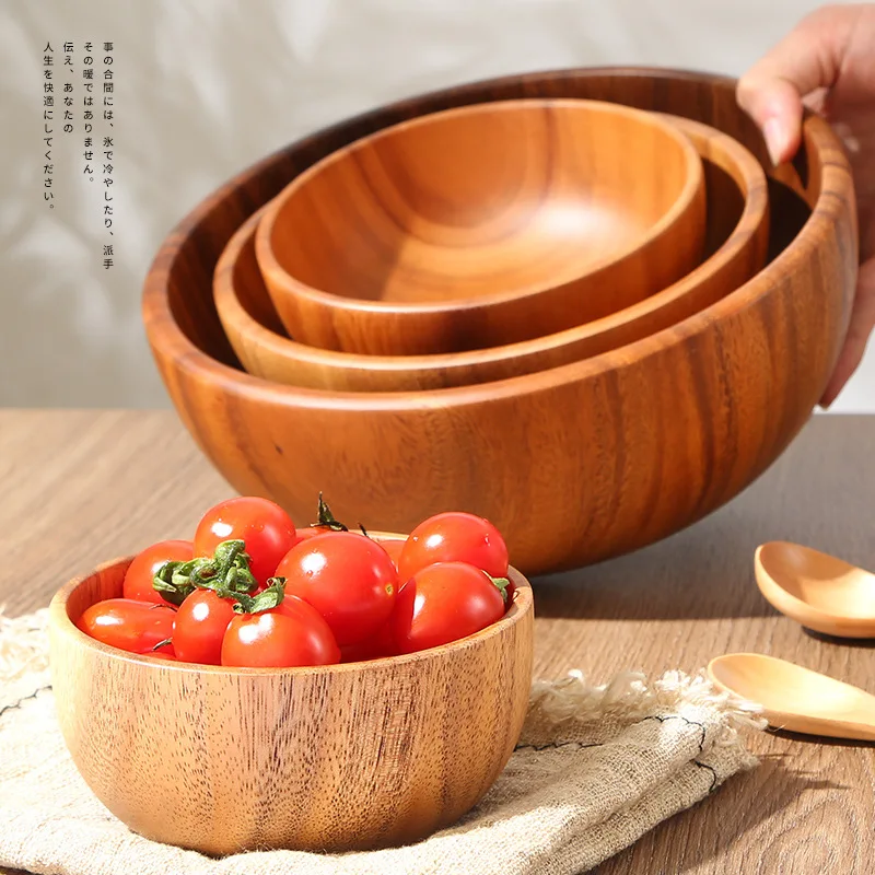 

Japanese Natural Acacia Wood Bowl Fruit Salad Soup Bowl Food Retro Container Creative Wooden Kitchen Utensil Tableware Lunch Box