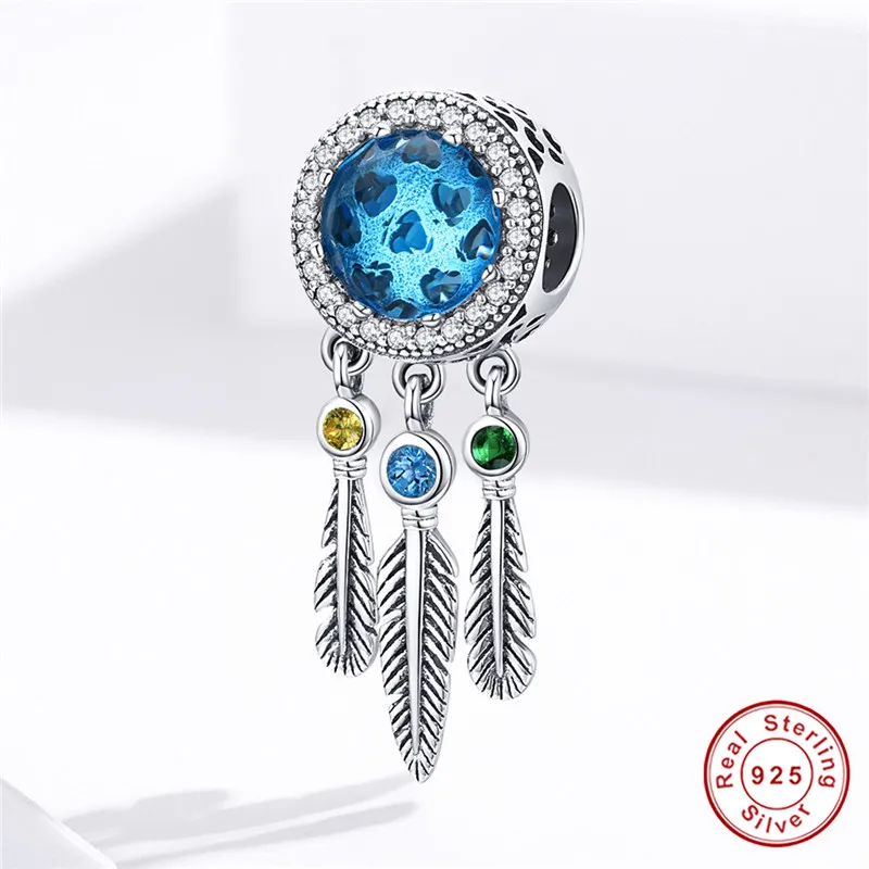 Браслет Pandora, серебро 925,, голубой CZ, Ловец снов, амулеты, S925, Круглый, Богемия, перо, циркон, бусины для изготовления ювелирных изделий