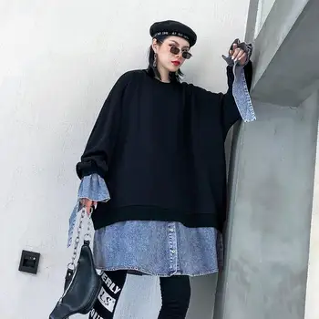 

Denim stitching fake two sweatshirts women's spring autumn winter large size loose long-sleeved round neck solid color pullover