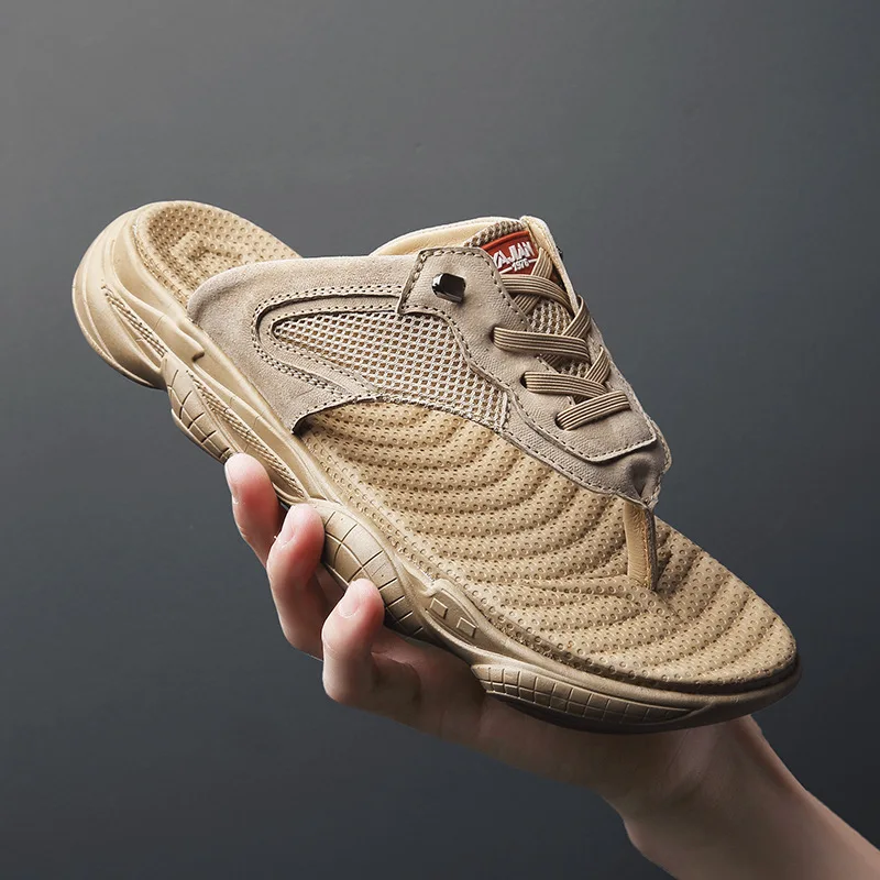 

2019 Summer Slipper Genuine Leather Spell Mesh Flip-flops Men Casual Outdoor Light Wear-Resistant Beach Slipper 1942