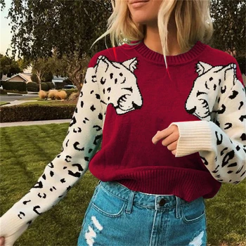 

Casual Round neck Sweater Woman Winter 2020 Autumn Female Pullover Fashion Leopard Print Casual Knitted Pullovers Jumper Women