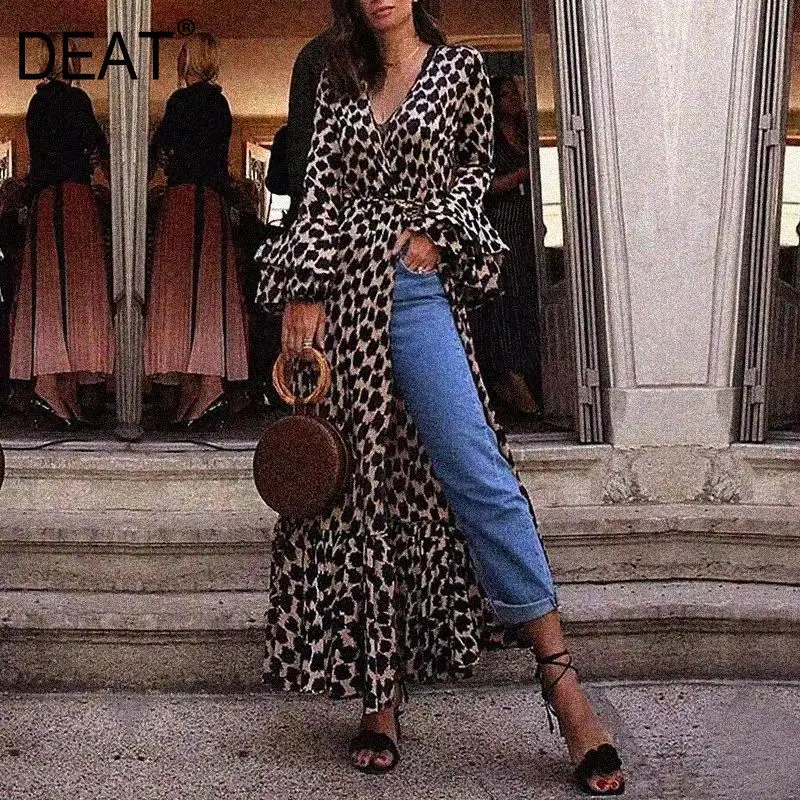 

DEAT 2019 new autumn and winter fashion women clothes V-neck flare sleeves high waist long pullover dress female vestido WJ22401