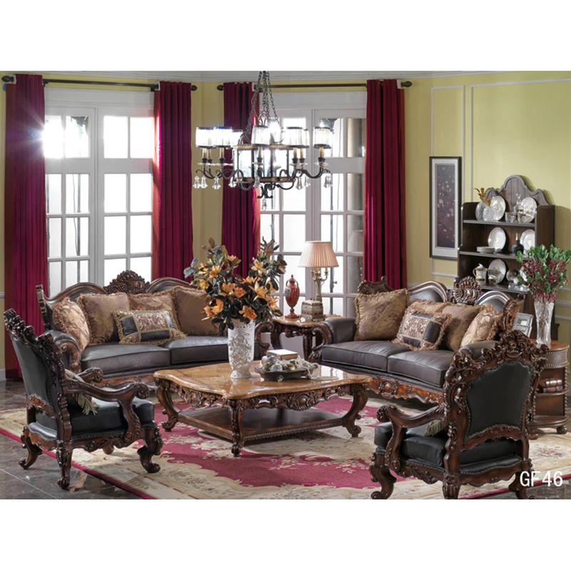 Арабский стиль Вилла мебель для гостиной диван из кожи диван набор резной антикварный роскошный диван комплект с мраморным верхом стол GF46 - Цвет: Full set