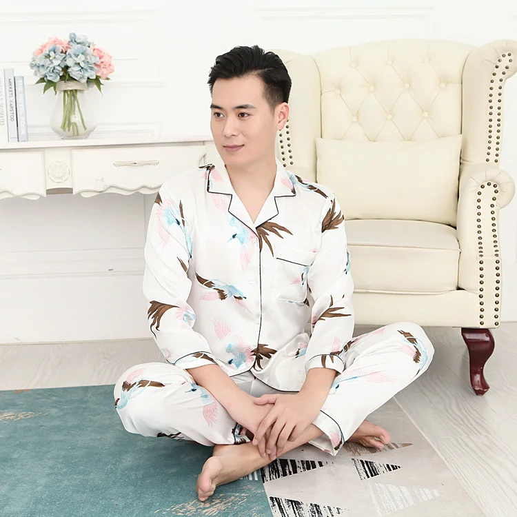 Thin Printing Matching Pajamas Couples Long Sleeved Sleepwear Silk Pajamas for Women Sleep Tops Pants Mens Pajamas Set Sleepwear mens cotton pajama shorts