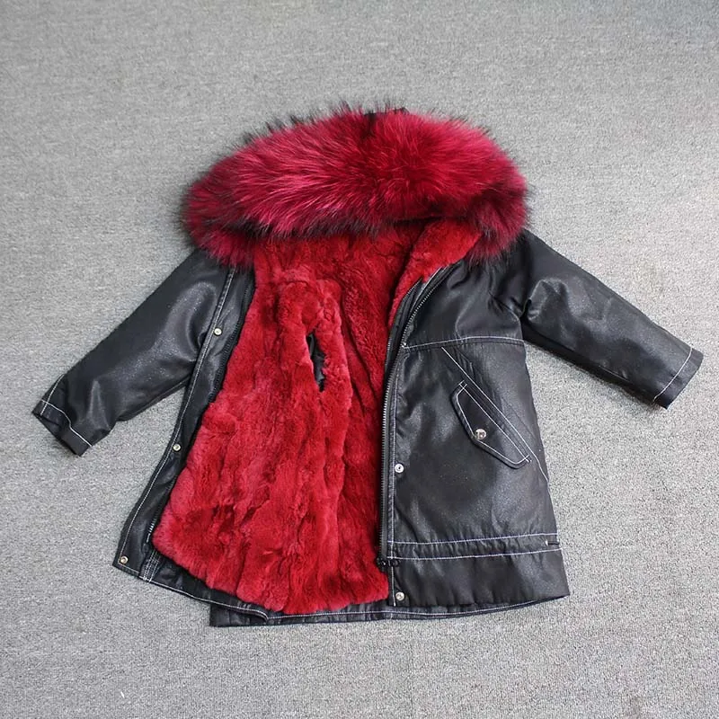 black red fur Новинка года, настоящий мех кролика, парка для маленьких мальчиков зимнее пальто одежда для малышей зимняя куртка парки для девочек с капюшоном из енота - Цвет: black red fur