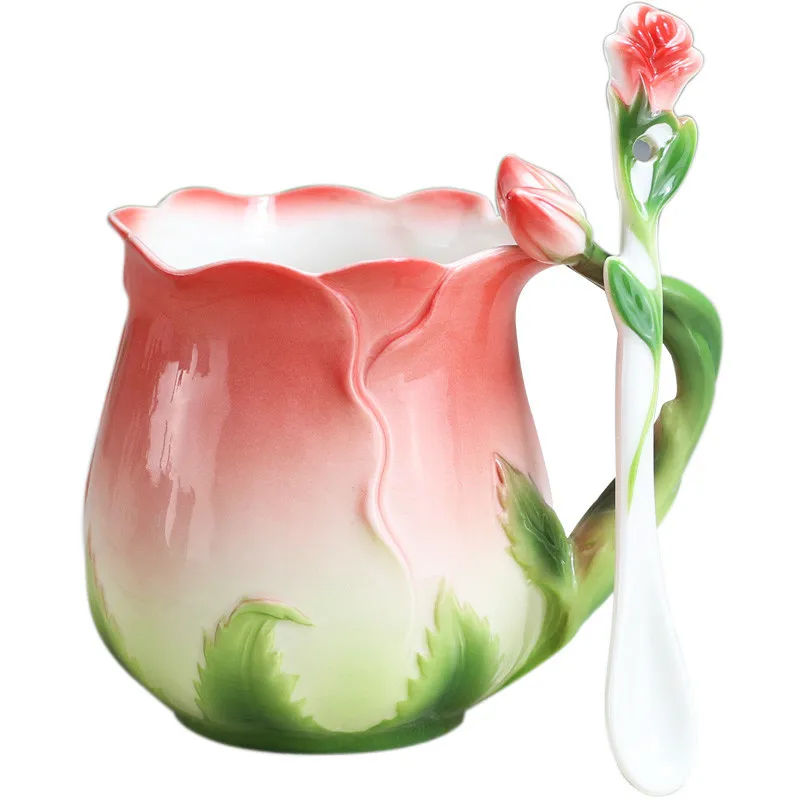 

European High-grade Enamel Ceramic Coffee Cups Creative Rose Flower Tea Cup 4 Colors coffee cup cups tea cup