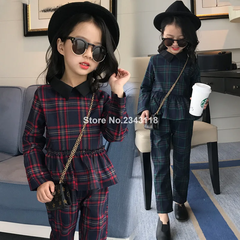 

Girls New Spring Fashion England Plaid Shirt Long Sleeve Pants Kids Sets Children Set 4-12 Ages Green And Red Color