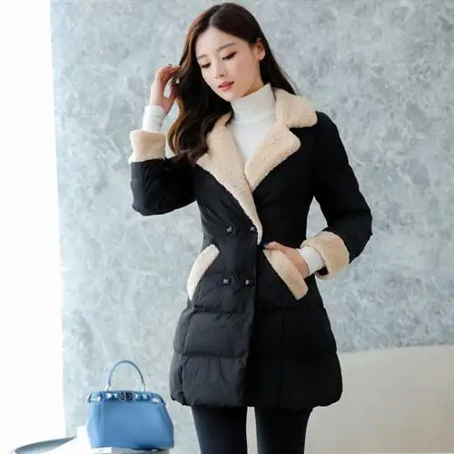 

Autumn And Winter 2019 Korean-style Fold-down Collar Lambs Wool Contrast Color Cotton-padded Clothes Women's Mid-length Slim Fit