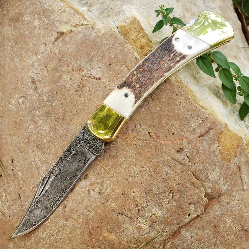 Bk 110 Damascus Blade Pocket Folding Knife Brass+antlers Handle Single Action Survival