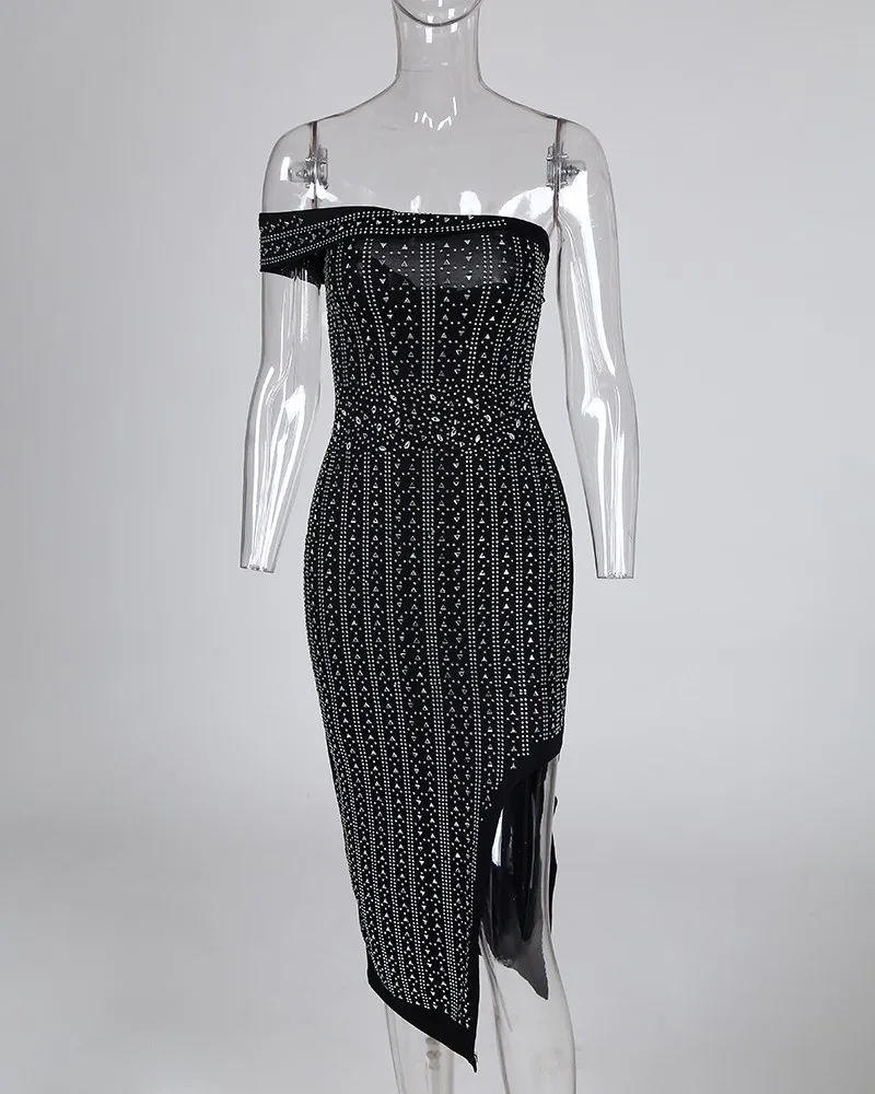 Женское сексуальное платье с открытыми плечами, с разрезом, бриллиантами, облегающее платье, с разрезом по бокам, Платья для вечеринок, Vestidos Muje