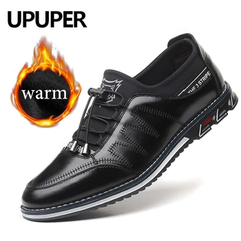 

Autumn Winter Fashion Casual Shoes Men Lace Up Genuine Leather Plush Warm No Tie Flat Men's Winter Shoes Plus Size 38-48