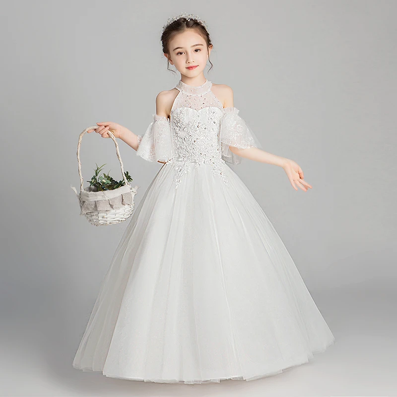 

Long Tulle Sequin Beads Lace Flower Girl Dress Christening Gown For Party Wedding Pageant Gown Children Girls Princess Clothes