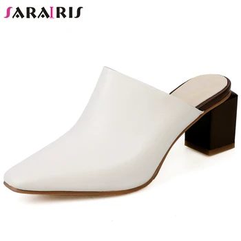 

SARAIRIS Fashion Brand Lady Pumps Genuine Leather Square Heel Slip On Casual Handmade Classic Mules Women Office Shoes Woman