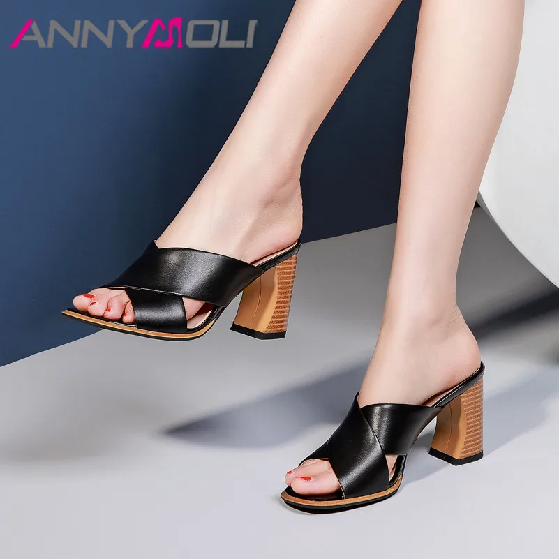 

ANNYMOLI Natural Genuine Leather Super High Heel Slippers Square Toe Women Shoes Block Heels Slides Ladies Summer Sandals White