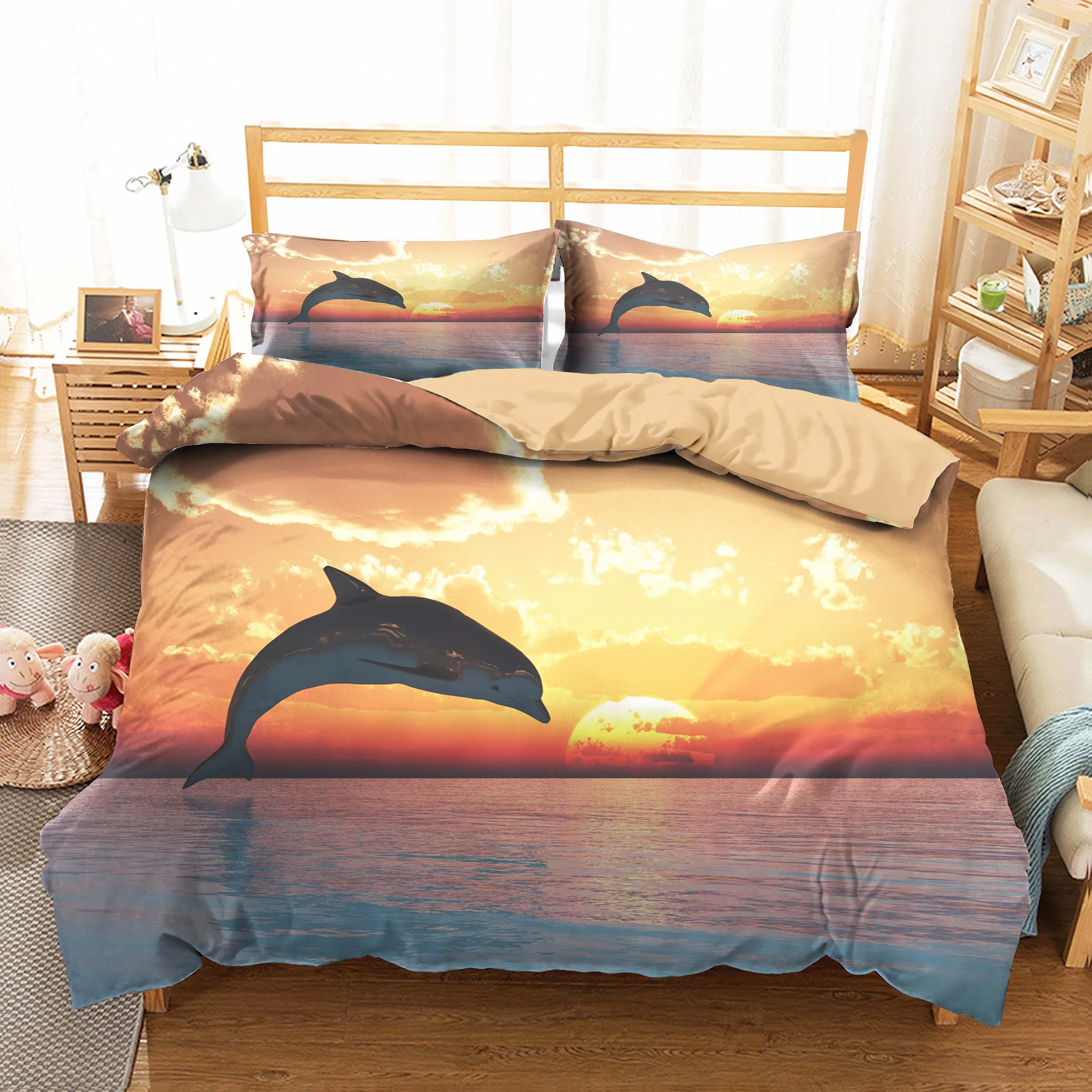 Dolphin Wave Single Sleepdown Photographic Animal Print Duvet Quilt Cover Unique Reverse Design Bedding Set With Pillowcase 