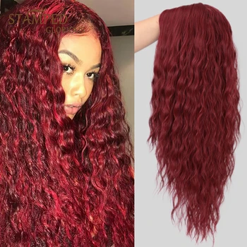 

Stamped Glorious Hotselling Cosplay Party Middle Part Red Long Water Wave Heat Resistant Synthetic Hair Wigs For Black Women