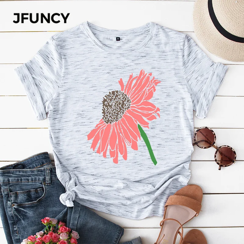 

JFUNCY Sunflower Harajuku Graphic Tee Women Tops Plus Size Summer Loose Casual Tshirts 100% Cotton Shirts Female T-shirts
