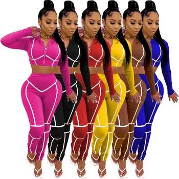 

34AL121 Autumn Women Casual Fashion Sexy Skinny Solid Navel Sports Two Piece Set Top and Pants Tracksuit Sweatsuit Outfits