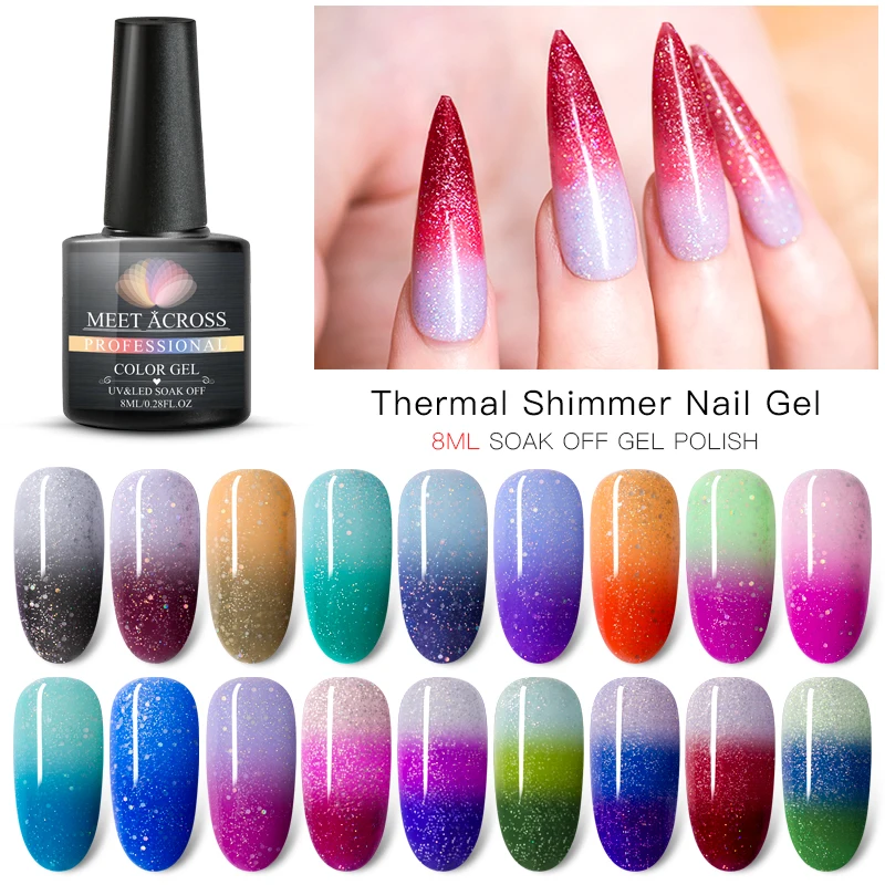 

MEET ACROSS Thermal Ultra-thin Glitter Color Gel Soak Off Shine Color-Changing Nail Art Lacquer Shimmer Manicure Varnish UV Gel