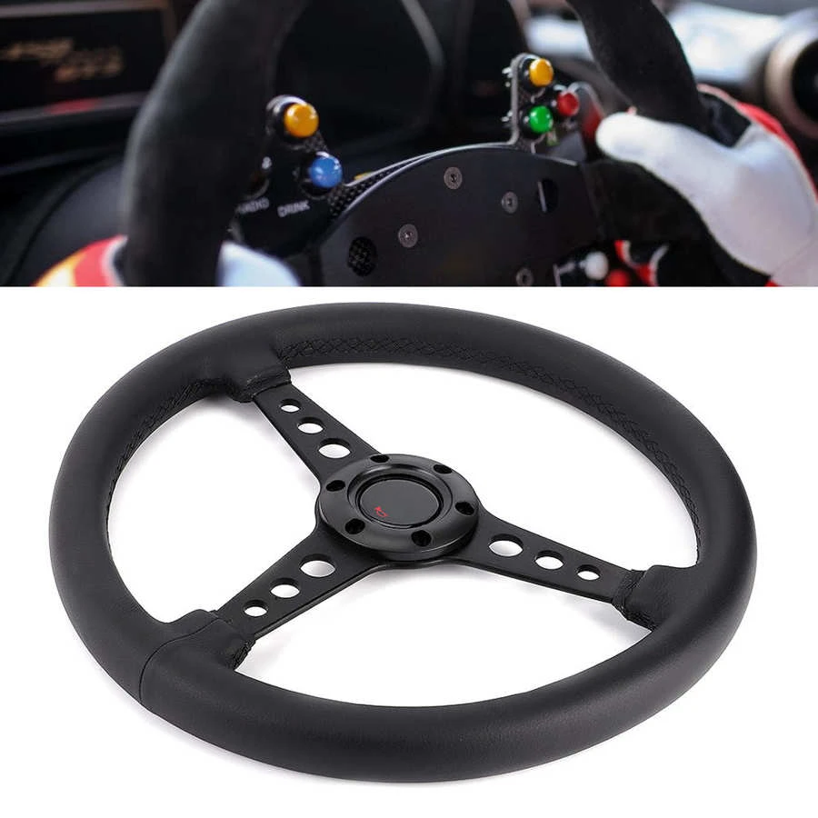 14in 350mm For Momo Style 6 Bolt Black Leather Racing Steering Wheel Black Stitching With Horn Button Steering Wheels Steering Wheel Hubs Aliexpress