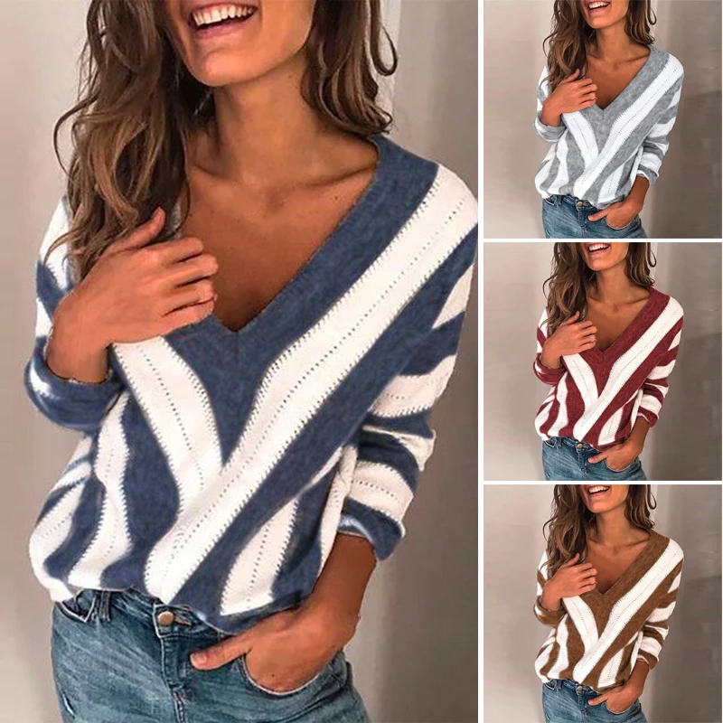 Winter Women Striped Sweater Outdoor Knitwear Tops V-neck Long Sleeve Loose new fashion elegant casual autumn basic slim jumper