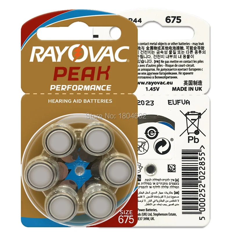 60 x RAYOVAC пиковый слуховой аппарат батареи 675A, цинк воздуха 675/A675/PR44 слуховой аппарат батареи