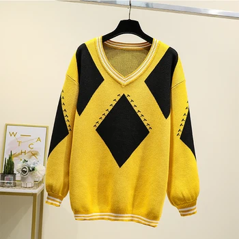 

4xl good quality plus big size latest women spring autumn winter 2020 loose lantern sleeve v-neck knit sweaters female A5431