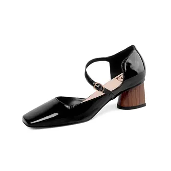 

Fashion Buckle Strap Pumps High Quality Genuine Leather Party Square High Heel New Shoes Shallow Women's Pumps