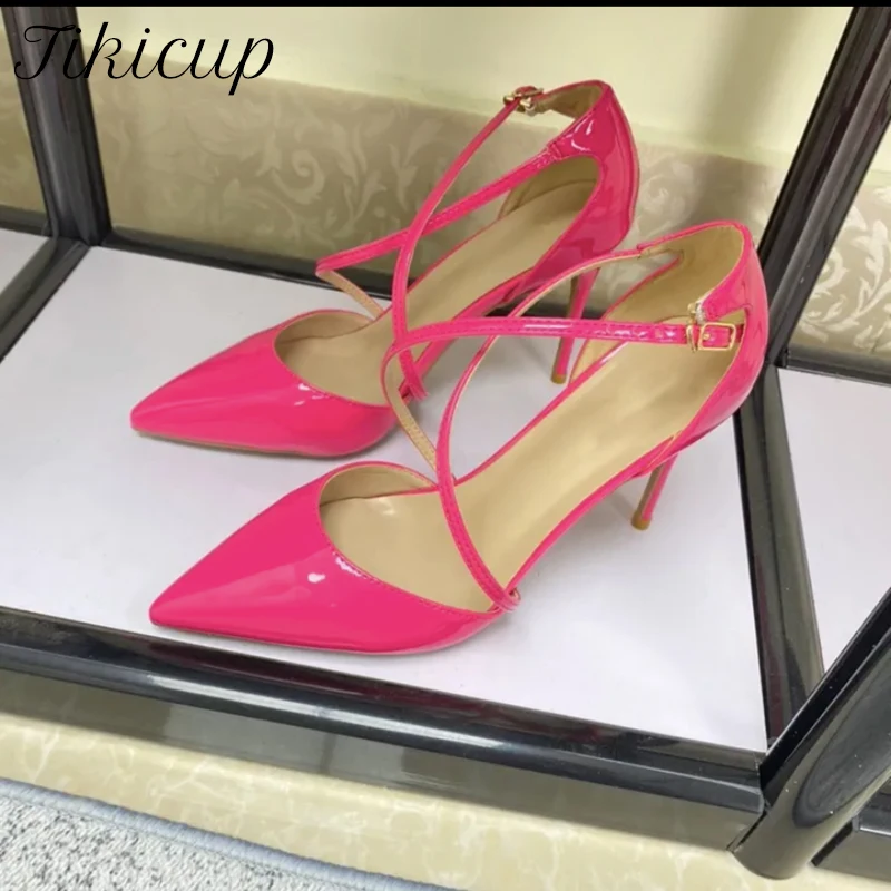 

Tikicup Glossy Rose Pink Women Instep Cross Strap Pointy Toe High Heels Elegant Ladies Wedding Party Shoes Chic Stiletto Pumps